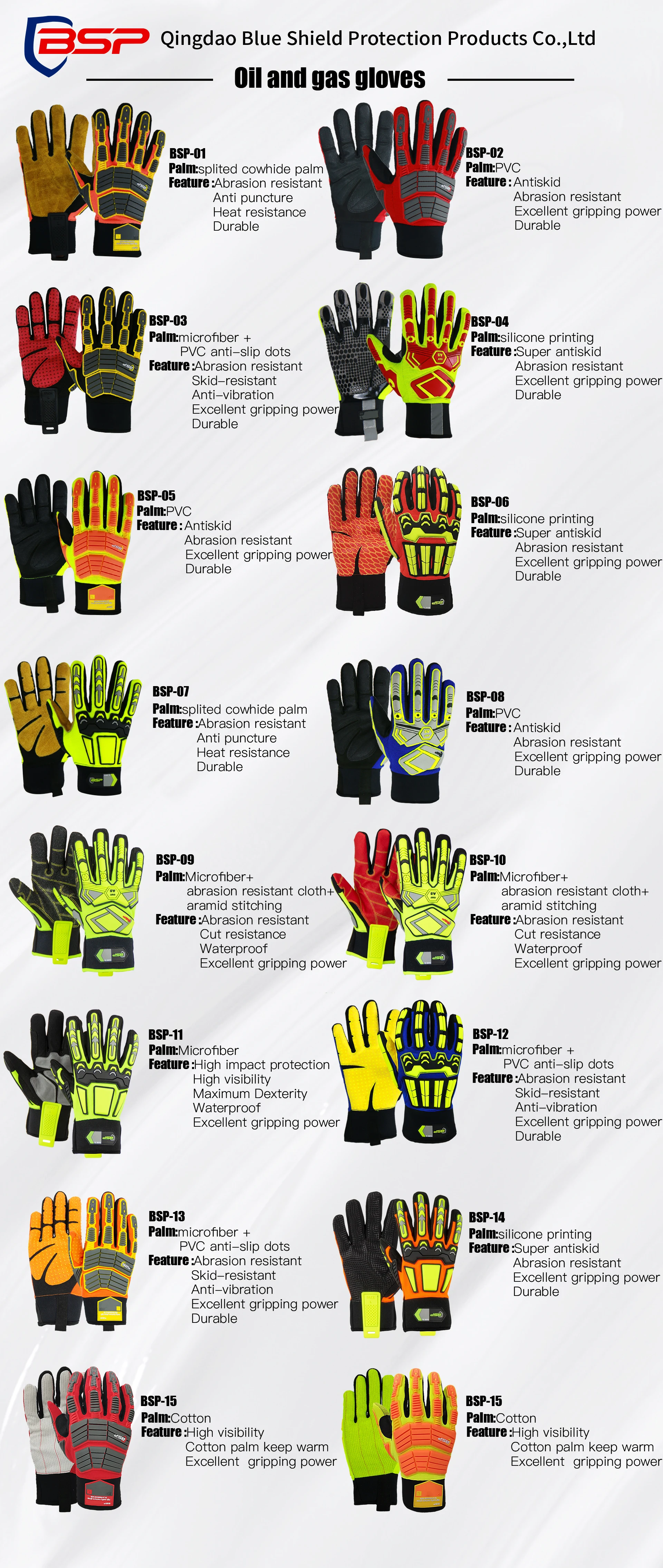 BSP black winter lined tpr anti impact oil field working gloves men gloves for work