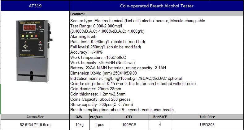 coin operated breath rohs alcohol tester vending machine fuel cell