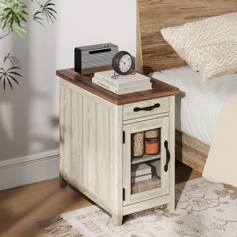 Farmhouse Small Nightstand  with Charging Station, Narrow Side Table with Drawer and Storage Cabinet for Living Room Sofa Table