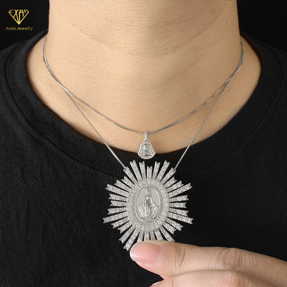 Religious jewelry stretch diamond Sunshine shape God of Mother Virgin Mary pendant necklace