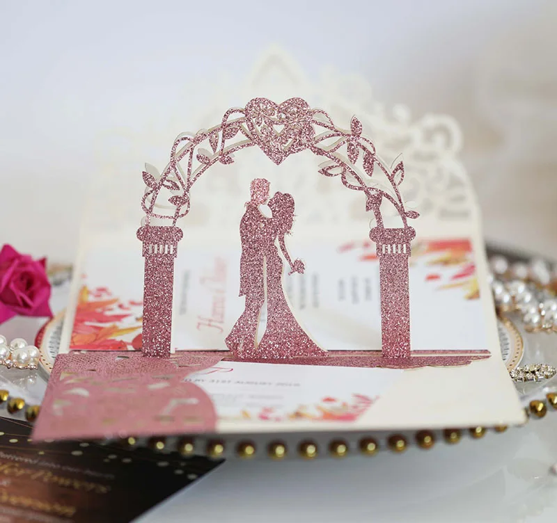 Customized Shining Glitter Paper Wedding Invitations Blank Sheet Laser Cut Invitation Card for Guests