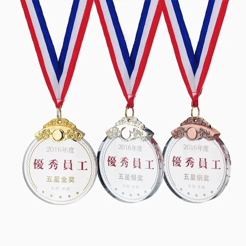 Jadevertu Personalized UV Printing Crystal Glass Medals Custom Sports Souvenir Medal With Ribbon