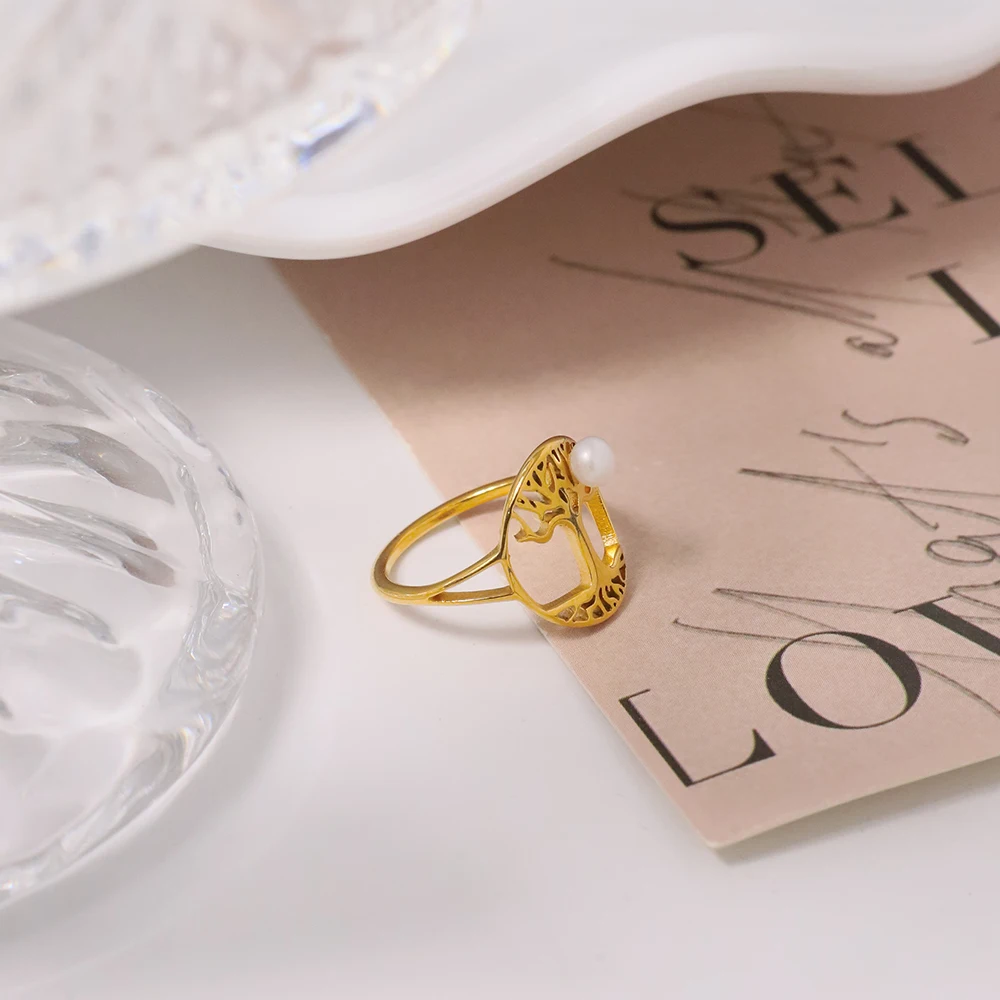Stainless Steel Vintage Hollow Life Tree Matte Ring 18K Gold Plated Ring Fashion Pearl Inlay Ring for Women Ladies Gift