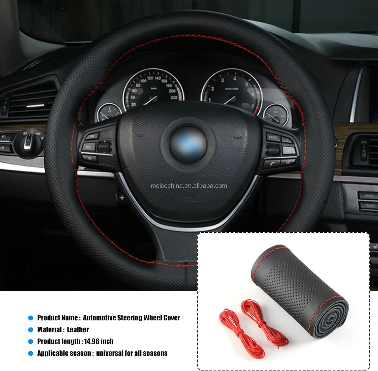 MELCO 2252 Genuine Leather,Red Hole Needle Thread Stitch on Wrap for Max Diameter 15 Inch, DIY Sewing Steering Wheel Cover