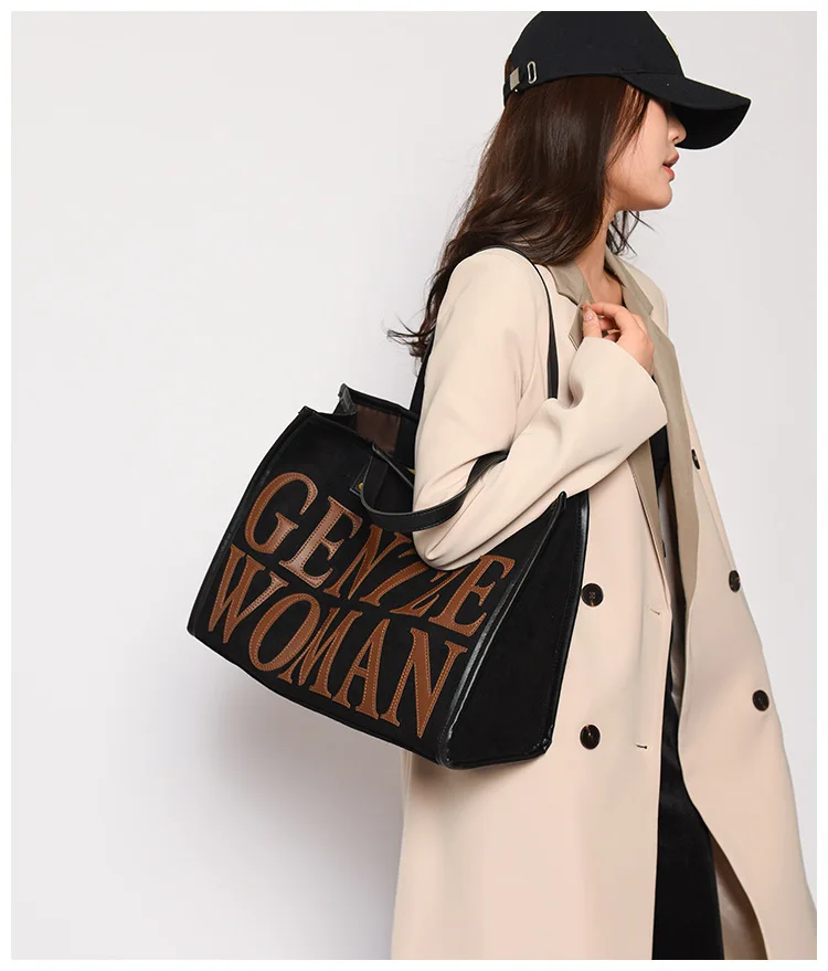 Good Quality Thai Gentle Woman Embossed Letter Suede Tote Bag
