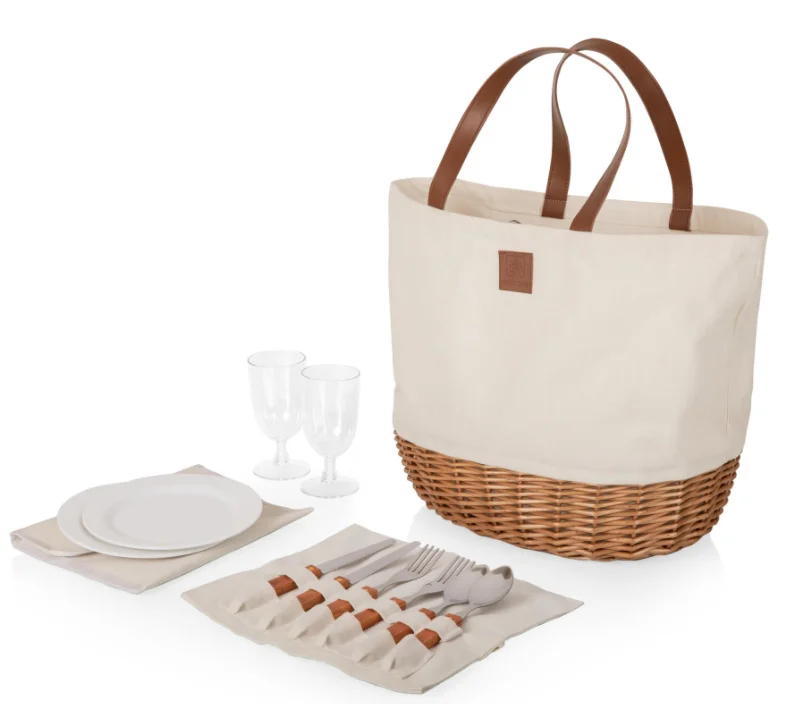 Beach promenade wicker picnic basket and leather handle