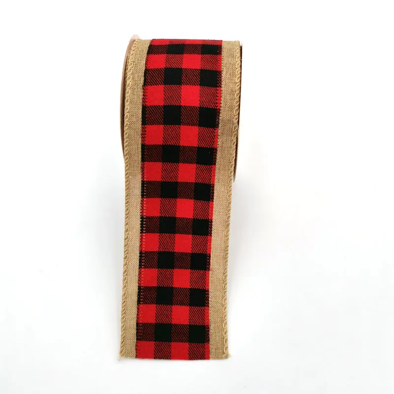 Christmas Party Gift Wrapping Decoration Wire Edge Trim Polyester Plaid Tartan Checker  Ribbon Roll for Bow