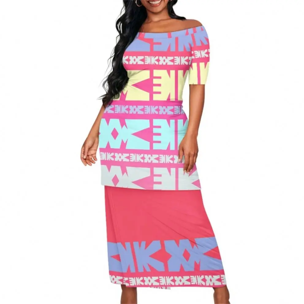 Hawaiian 2 Piece set Latest Island Style Dress Polynesian Tribal Clothing Samoa Puletasi Tapa Print Custom Dress For Women