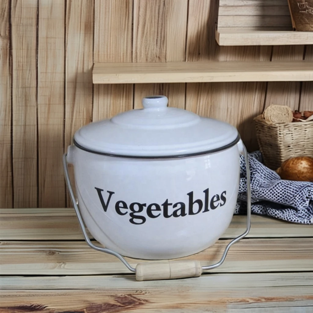 Enamel  Storage Pot Set With Traditional Decal Potato  Onion  Vegetable Pot