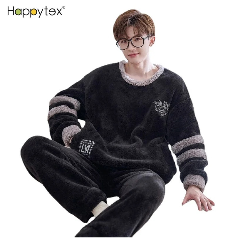 Indoor Home Winter Cute Cartoon Thick Warm Coral Fleece 2 PCS Pajama Set Long Sleeve  Sleepwear for Mens With Large Pockets