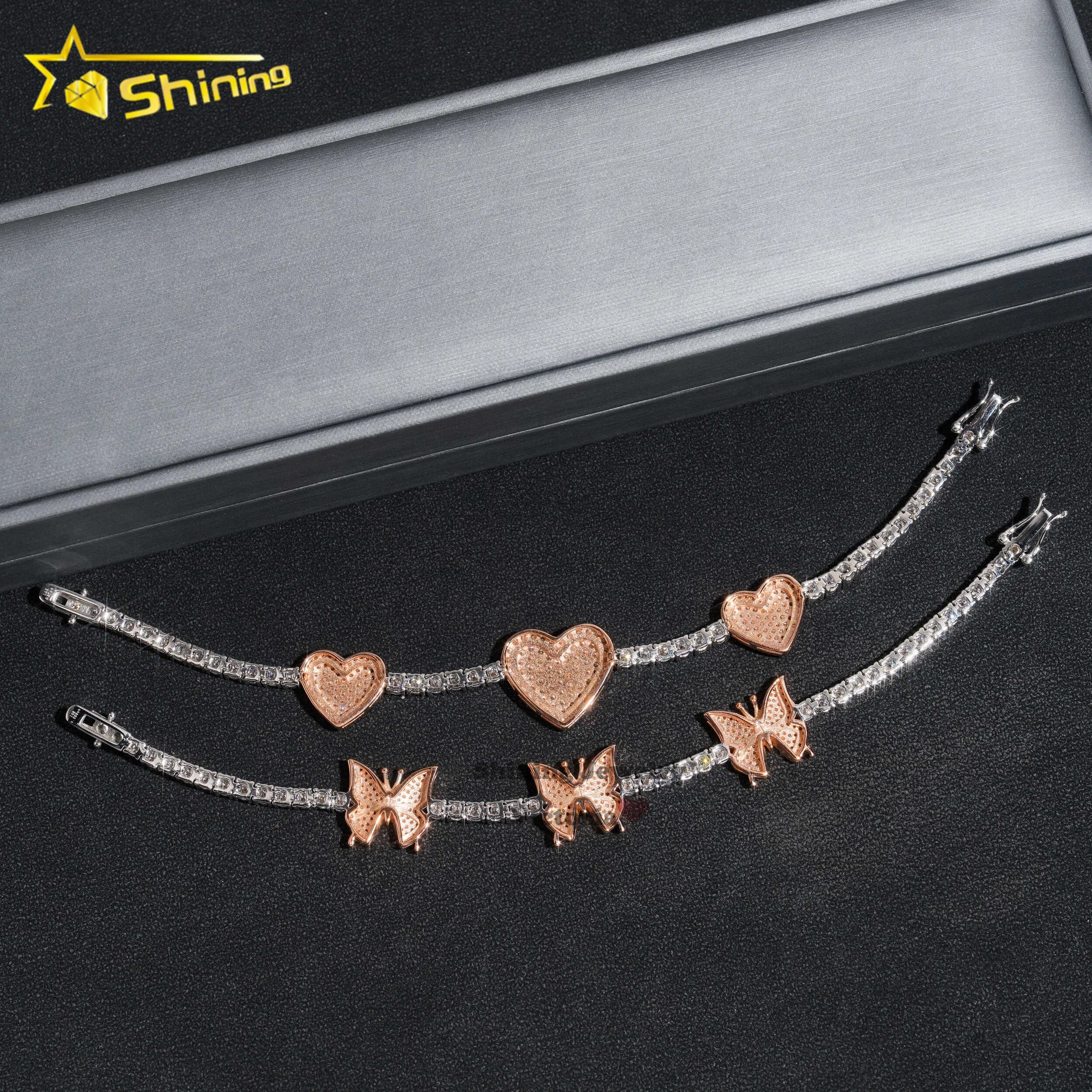New arrival 3mm charm bracelet 925 silvert 14k gold vvs moissanite diamond butterfly and heart tennis bracelet for women men