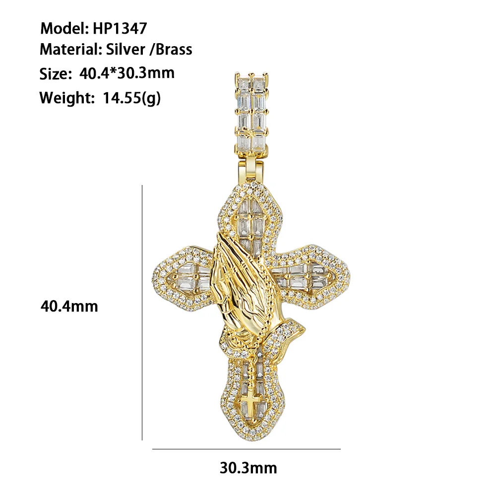 High quality 10K 14K rhodium gold plated micro pave cz moissanite chunky custom anchor nail christian praying hand cross pendant