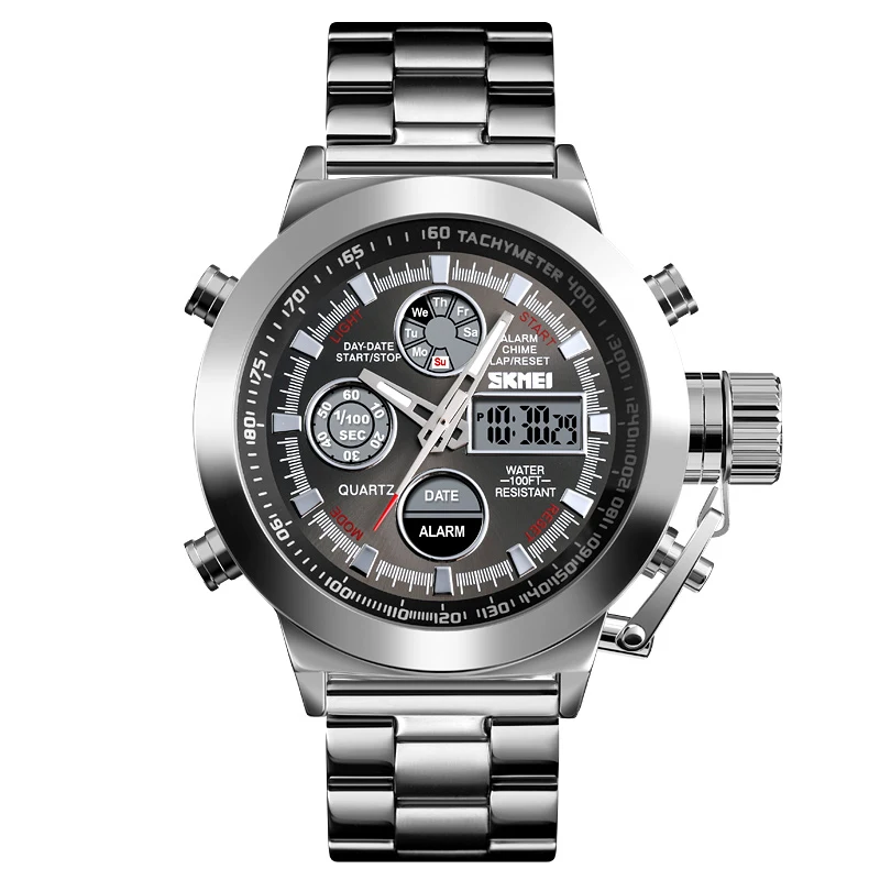 skmei special design 1515 heavy alloy analog watches dual time steel digital& quartz watch men