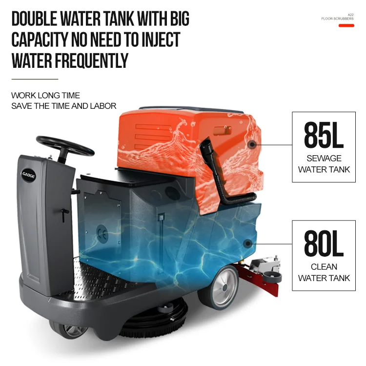 Gaoge Model A22 Factory Direct Sales Ride On Floor Scrubber Machine 780MM 24V 85L 180RPM 145BAR Floor Scrubber Drier With CE