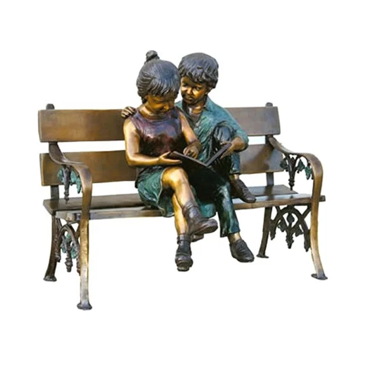 Decorative bronze children reading book school statue