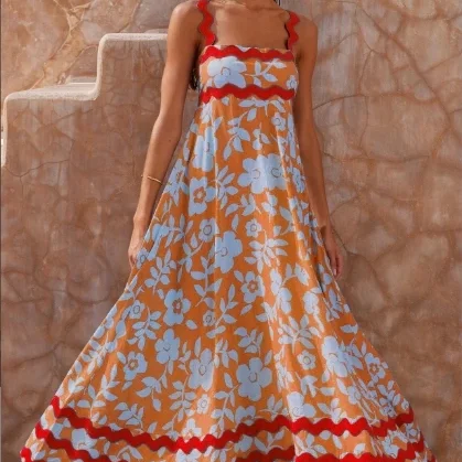 New European and American Spring/Summer 2024 Camisole Printed Sling Long Dress For Women