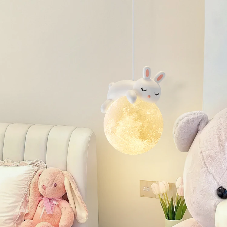 Nordic Modern Creative Personality Art 3D Moon Bedside Lamp Simple cream wind Resin bear Bedroom pendant lamp