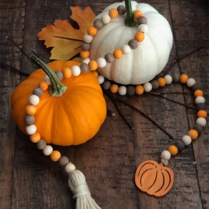 
wood art decor farmhouse wood bead garland with tassels and pumpkin pendant 