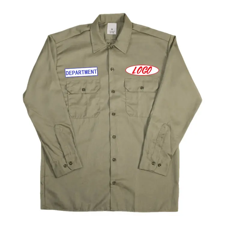 Factory Supply Polyester / Cotton Drill Khaki Long Sleeve Button Down Work Shirt
