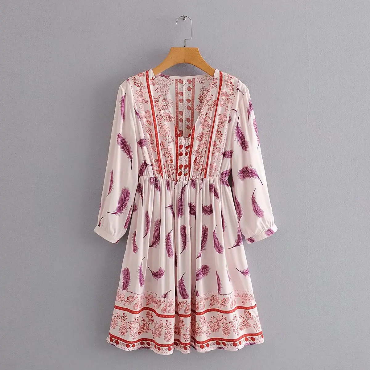 Summer New Bohemian Feather Floral printed Women Casual Dress Lady Holiday Style V-neck Button Long Sleeves Short Midi Dress