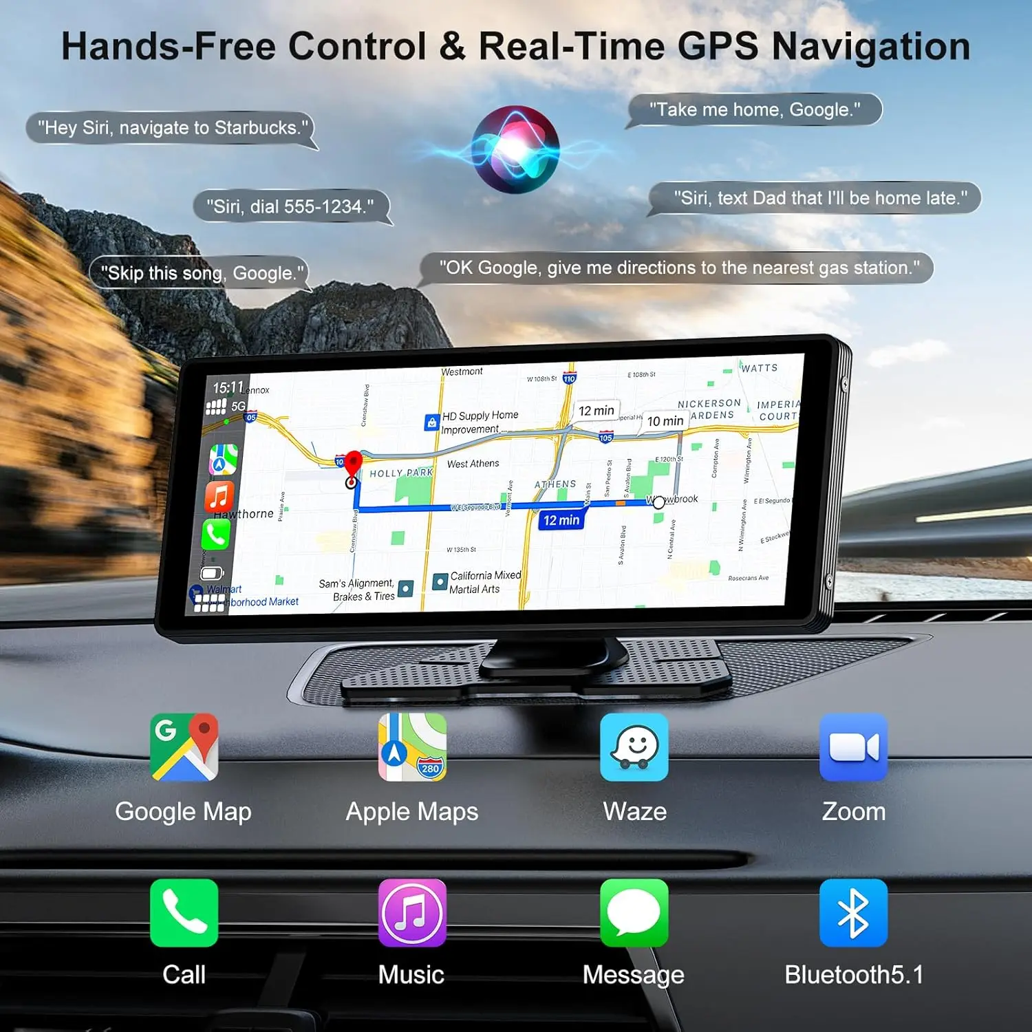 Newest 10.26 inch Full Touch Screen Wireless CarPlay Portable Car Stereo Wireless Android Auto Car Navigation with Voice Control