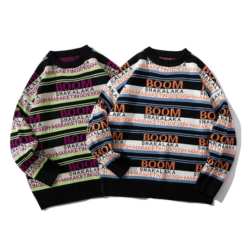 
Wholesale 2019 Hot Sale Letter Printed Fashion Stripe Sweater Fully Fashioned Sweaters Full Print Sweaters 