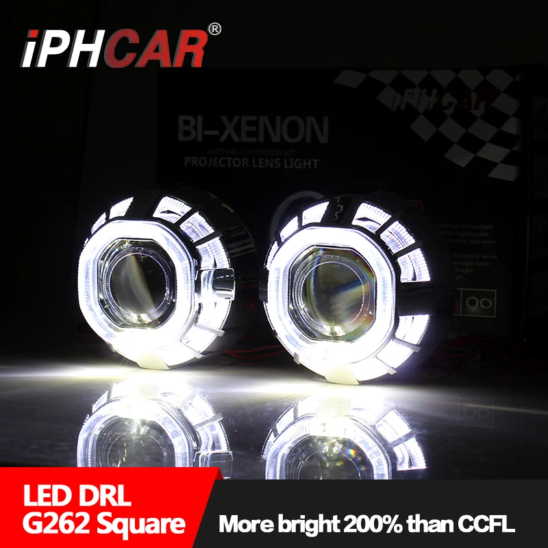 IPHCAR square hid projector lens dual led angel eyes hid projector lens kit Xenon Lights H7