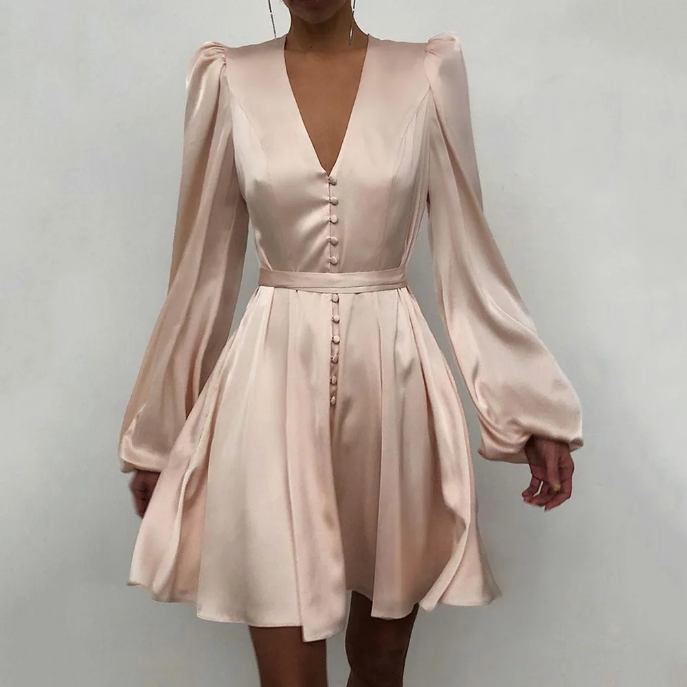 High quality ODM customized long puff sleeve plain dyed v neck elegant shiny satin A line women casual dresses