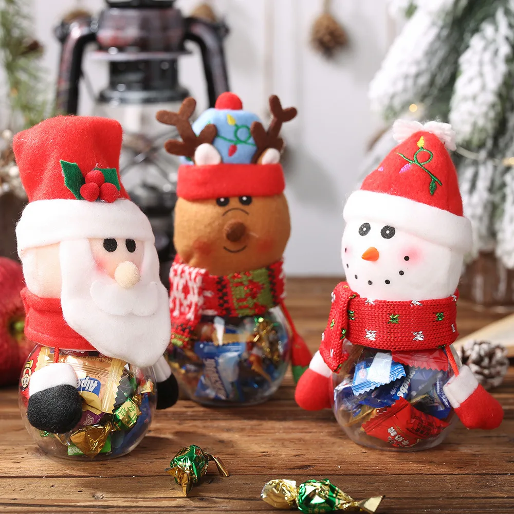 Christmas Party Favors Plastic, Transparent Gift Box Small Cookie Candy Jar With Plush Santa Snowman Elk Doll Lid/