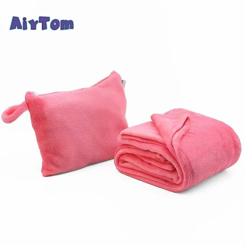 Factory wholesale 100% polyester flannel fleece 2 in 1 pillow blanket foldable travel blanket pillow