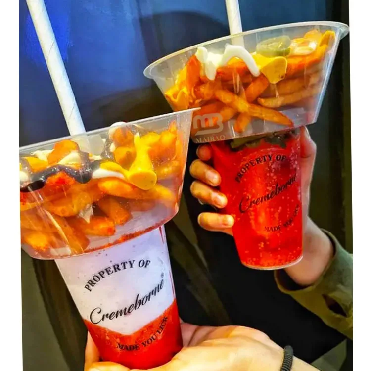 Custom Food Package Takeout PP PET Snack And Drink Cup Plastic Freyo Tower Tray Disposable Bubble Tea Drink Cup With Snack Bowl