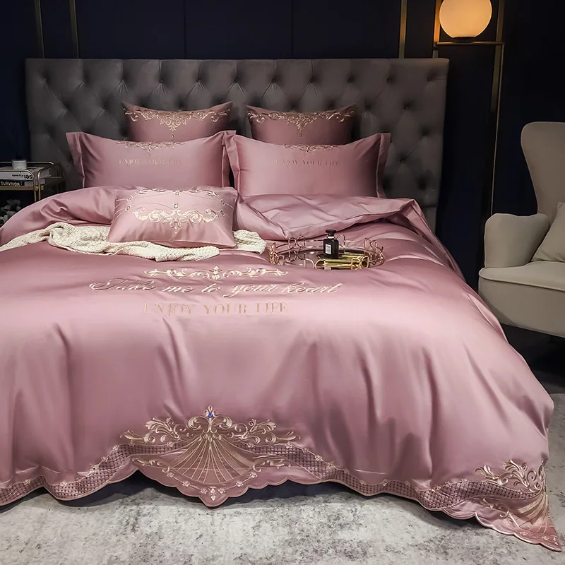 Luxury Hot sale European 100% polyester Satin embroidery bedding sets bedsheet brushed fabric bed sheet set duvet cover