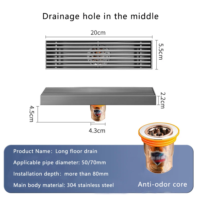 Backflow preventer channel anti clogging sus304 anti-odor long  bathroom core shower cover linear stainless steel floor drain