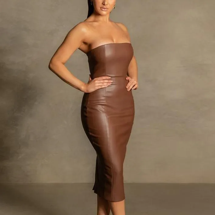 Women Fashion Fit Off Shoulder Sleeveless bodycon black leather tube dress