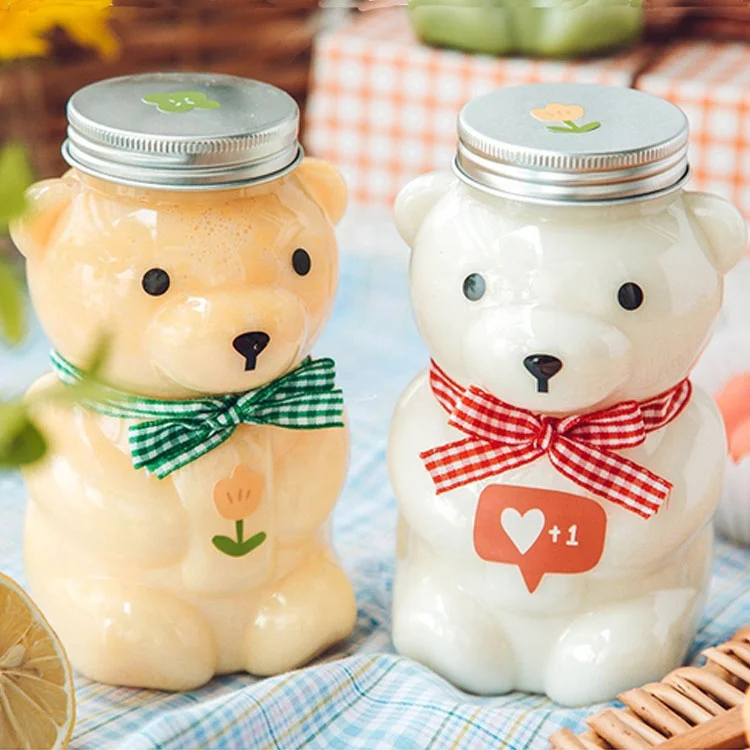 Bear Shaped Bottle 500ml Disposable PET Milk Tea Cup Plastic Juice Bottle