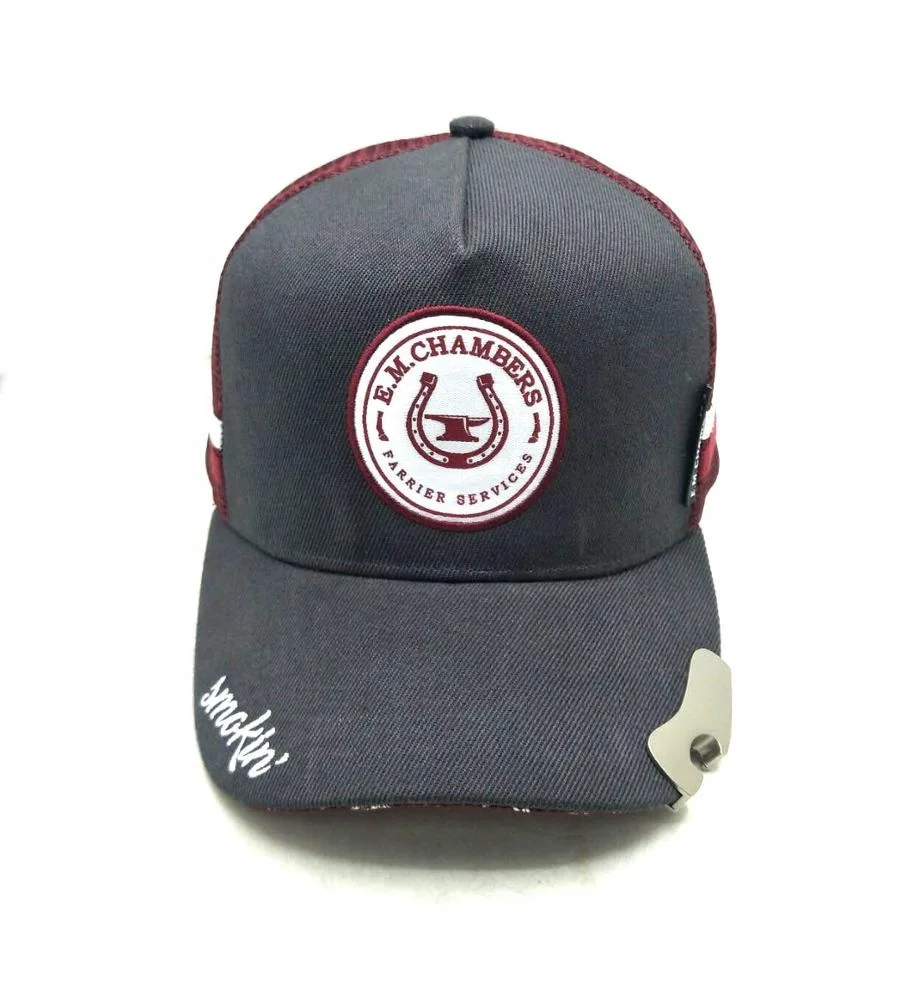 Custom 100% cotton/mesh embroidery swen-on badge trucker caps with bottle opener