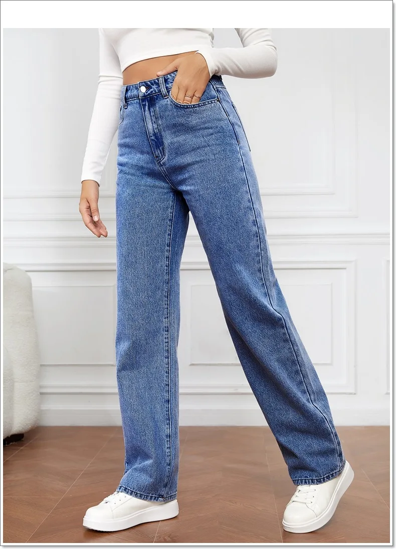 High Street women baggy jeans trousers high rise multi pockets faded washed denim wide leg cargo jeans