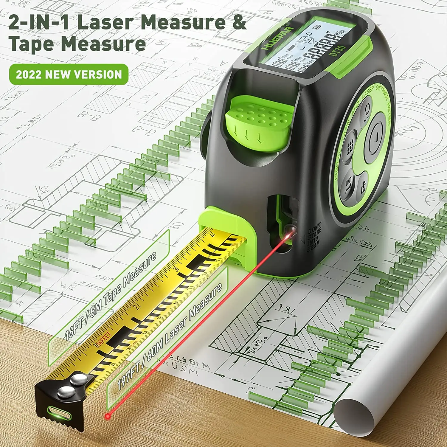 Huepar DT30 5m Laser Distance 16ft Length Various Construction Lcd Display Usb Laser Measuring Tape