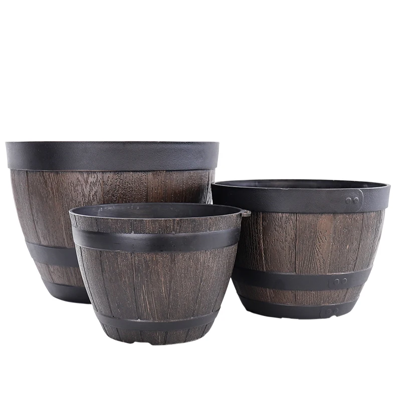 JQ Household imitation wooden bucket resin floor bonsai green laurel rich tree rose orchid decoration modern planter pot