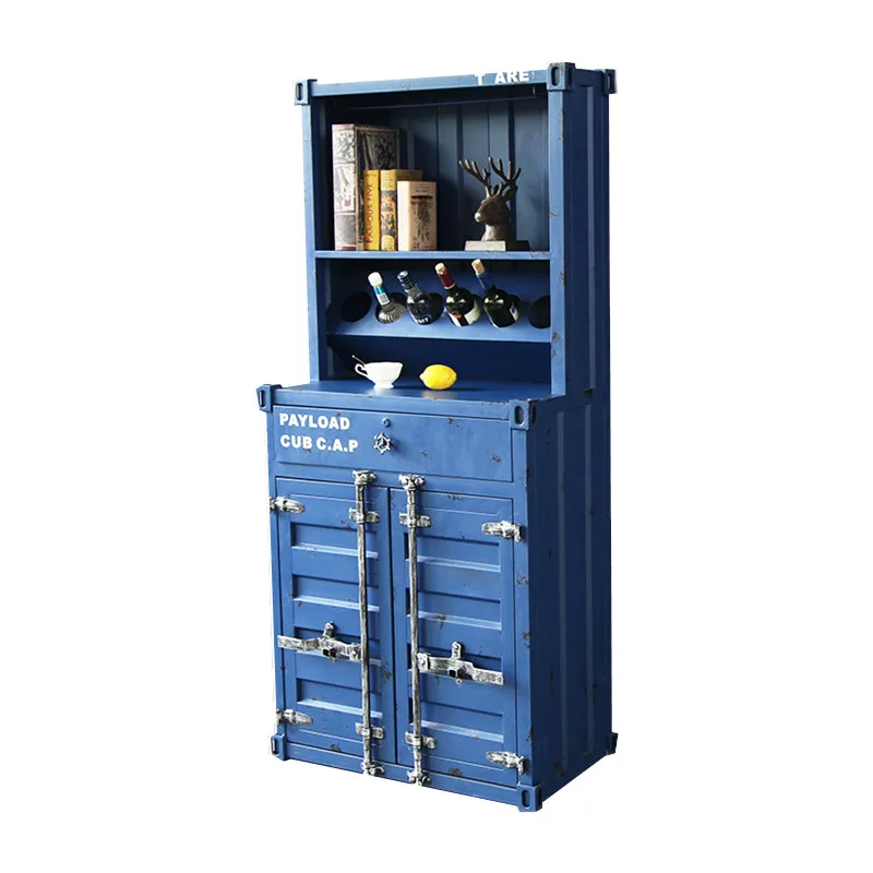 Промышленный и винтажный железный металлический контейнер, 2 двери, 2 полки, витрина