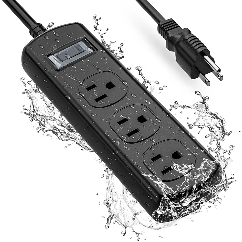 3 Outlet 6ft Extension Cord Overload Protection Outdoor Power Strip Weatherproof Wall Outlet Strip for Deck Garden Lights Black