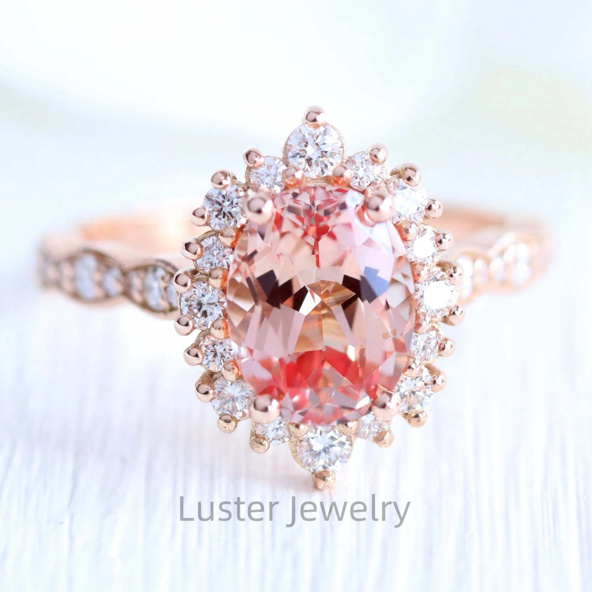 Luster Large Vintage Style 10K 14K 18K Gold Halo Moissanite Band 8x10mm Lab Grown Peach Pink Sapphire Ring for Woman