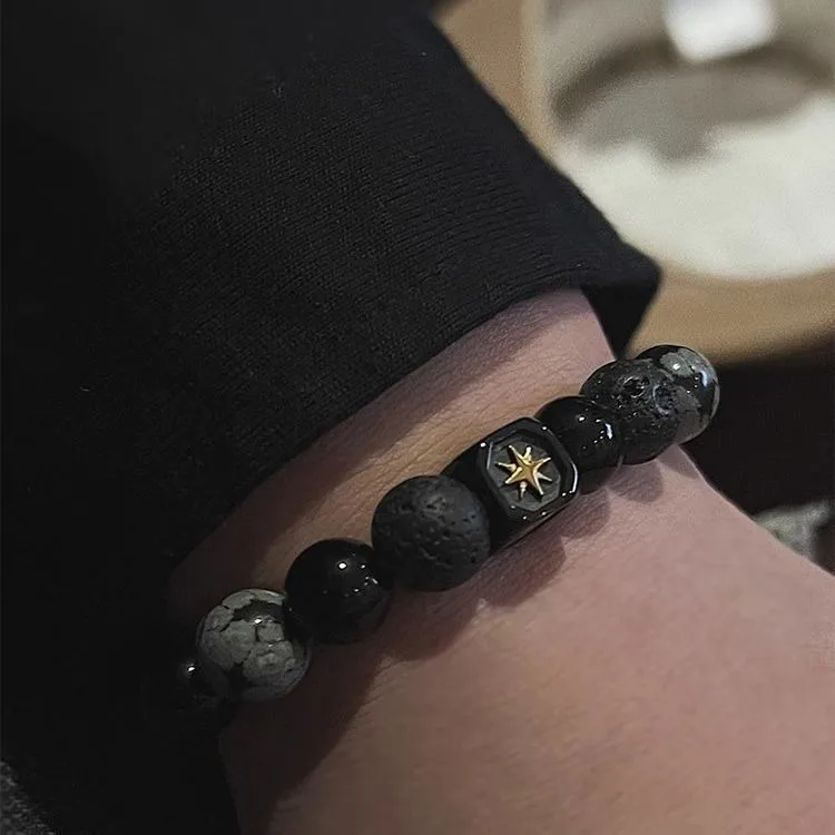 Fashion Natural 10MM Black Lava Stone Alabaster Single Layer Beads Star Charm Beaded Bracelets For Men
