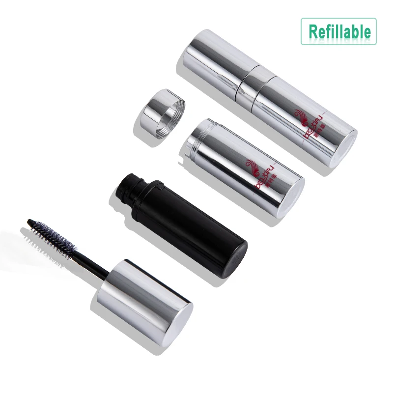 Shiny silver refillable PCR plastic mascara packaging container tube bottle with aluminum shell