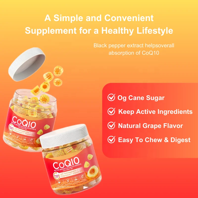 OEM Sugar-Free Ultra Absorption Coenzyme Q10 Gummies with Magnesium, Ashwagandha,Vitamin D3 Ubiquinone Gummy