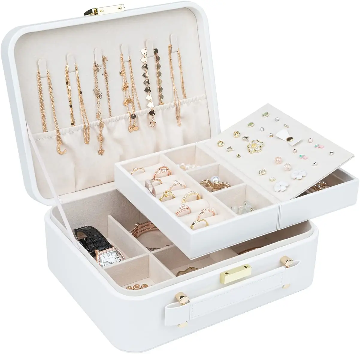 Шкатулка для ювелирных изделий из искусственной кожи, двухслойная деревянная шкатулка для украшений, органайзер для украшений для принцесс, большая группа