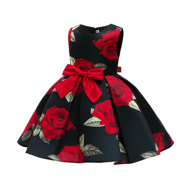 HDKZT8126 2021 Summer Black White Baby Kids Clothes Print Rose Dresses Flower Girls Dress Girl Princess Children Party Skirt