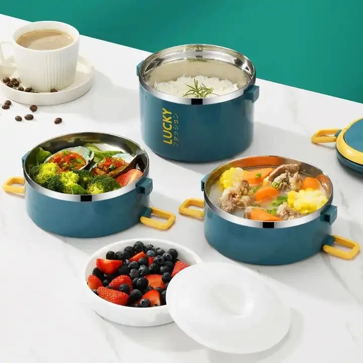 Stainless Steel Insulation Wholesale Eco Friendly Double Layer Round Bento Box Lunch Box With Handle