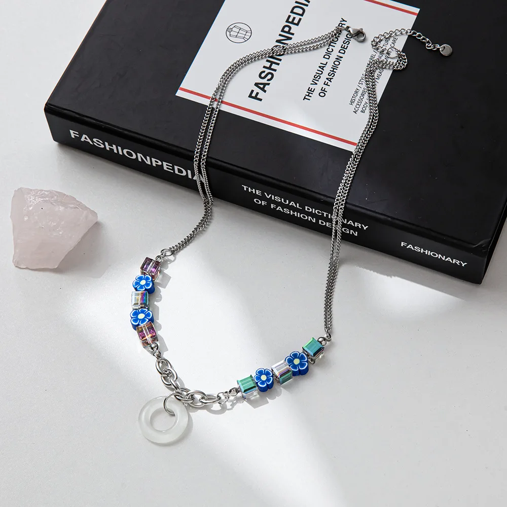 Klein Blue Glass Flowers Beaded Stitching Chain Accessories Double Layer Pendant Necklace Party Simple Cold Style Sweater Chain