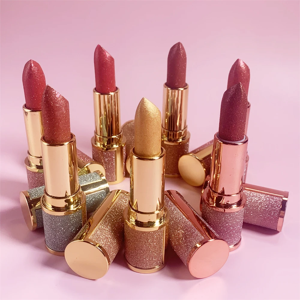 China Customize Create Your Own Lipstick Brand Black Halal Satin Creme Charms Diamond Shinning Tint Sparkle Solid Lipstick